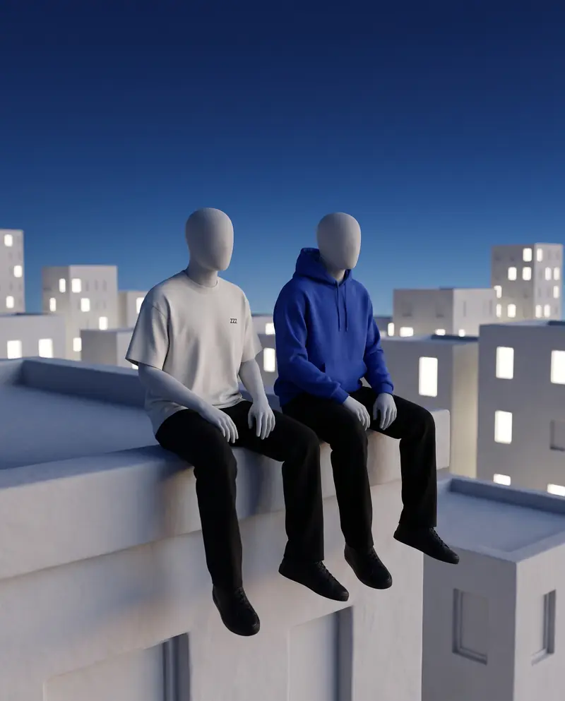 Zwei Avatare sitzen auf einer Dachkante über einer weißen Stadt